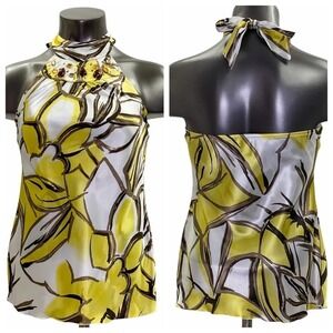 IZ Byer Brown Yellow White Abstract Floral Print Sleeveless Halter Blouse